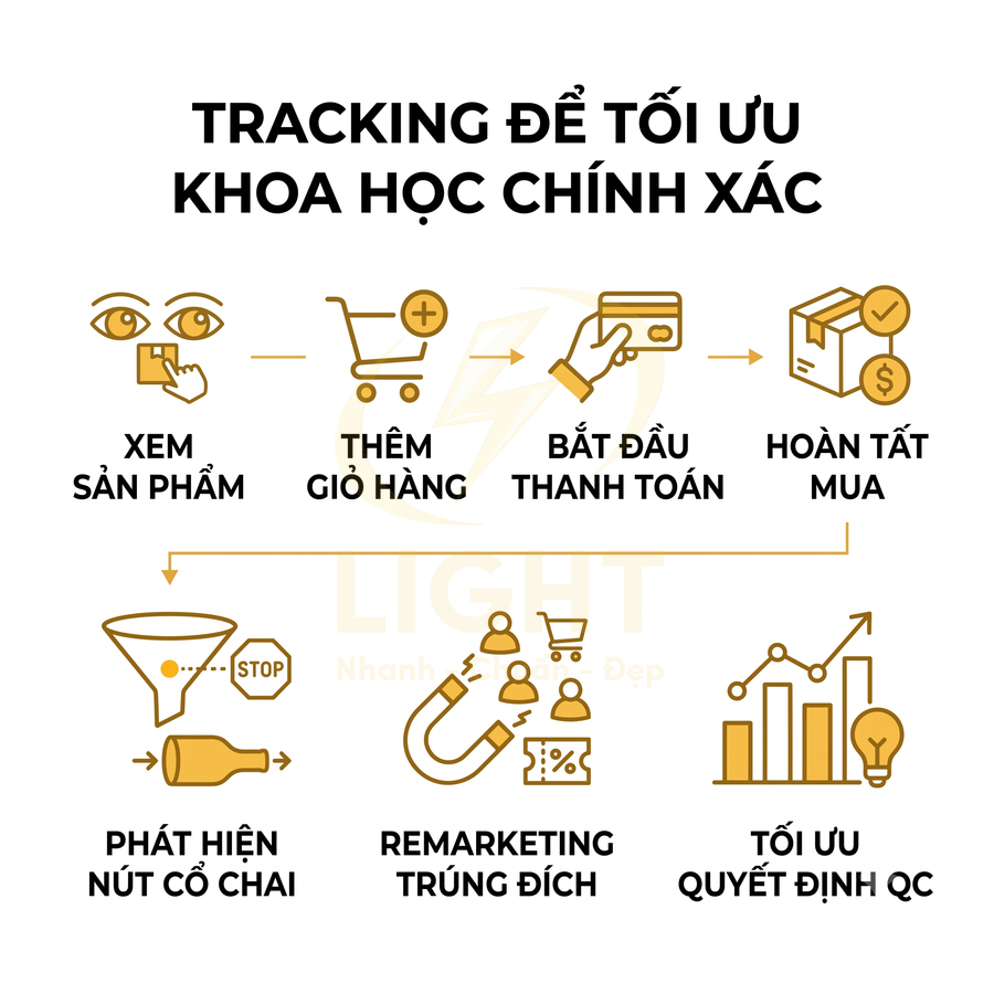 Quy trình tracking tối ưu quảng cáo: xem sản phẩm, thêm giỏ hàng, thanh toán, remarketing và tối ưu quyết định QC